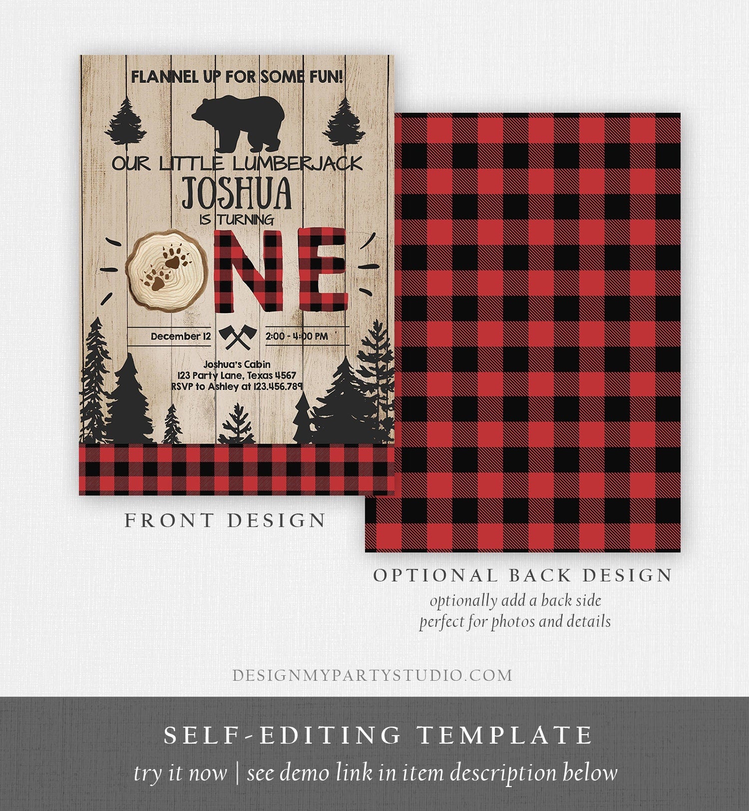 Editable Lumberjack Birthday Invitation Rustic Woodland First Birthday Bear Buffalo Plaid Forest Wilderness Printable Corjl Template 0191