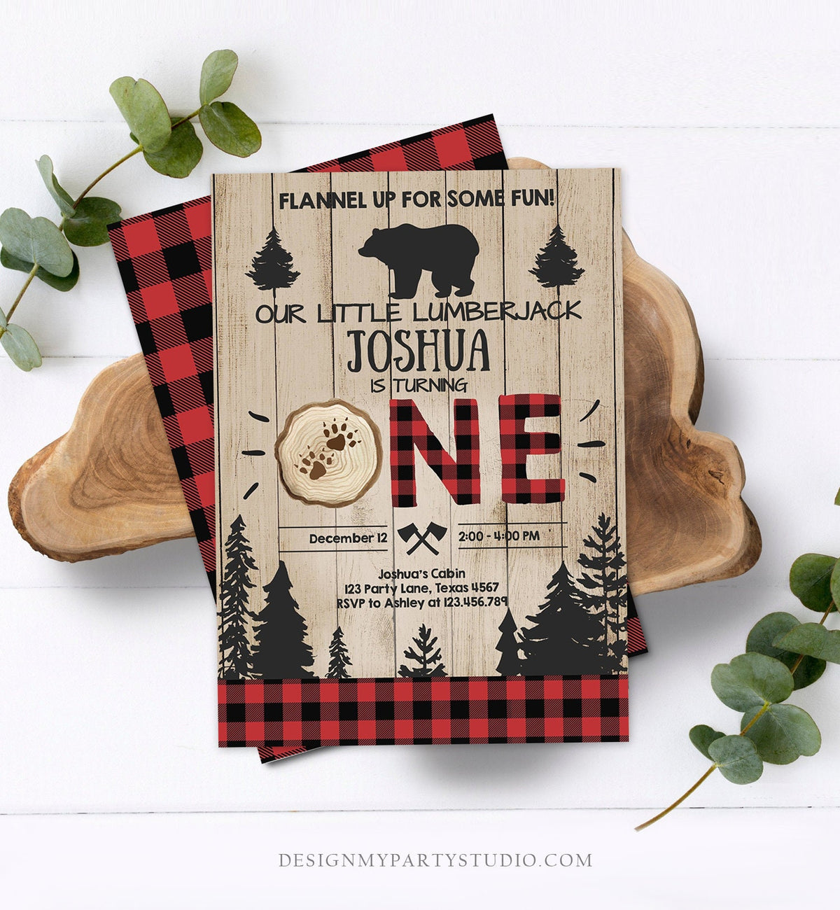 Editable Lumberjack Birthday Invitation Rustic Woodland First Birthday Bear Buffalo Plaid Forest Wilderness Printable Corjl Template 0191