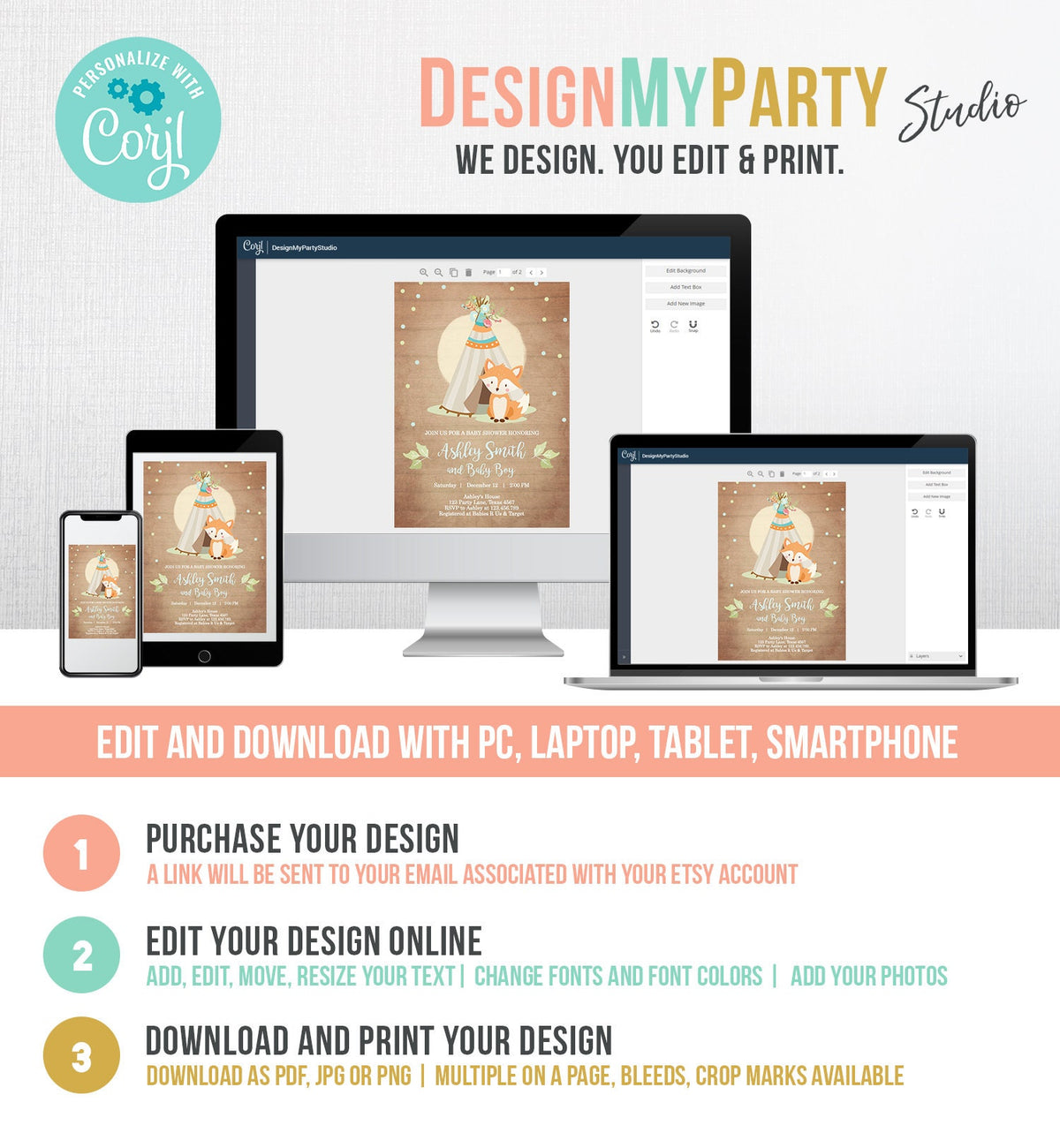 Editable Fox Baby Shower Invitation Woodland Teepee Boho Tribal Boy Baby Shower Blue Wood Download Printable Template Corjl Digital 0052