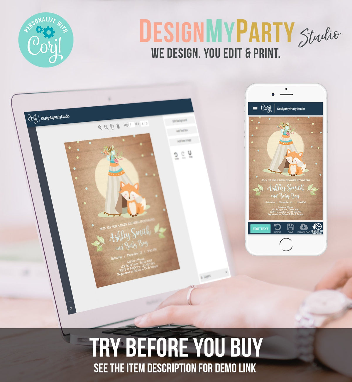 Editable Fox Baby Shower Invitation Woodland Teepee Boho Tribal Boy Baby Shower Blue Wood Download Printable Template Corjl Digital 0052