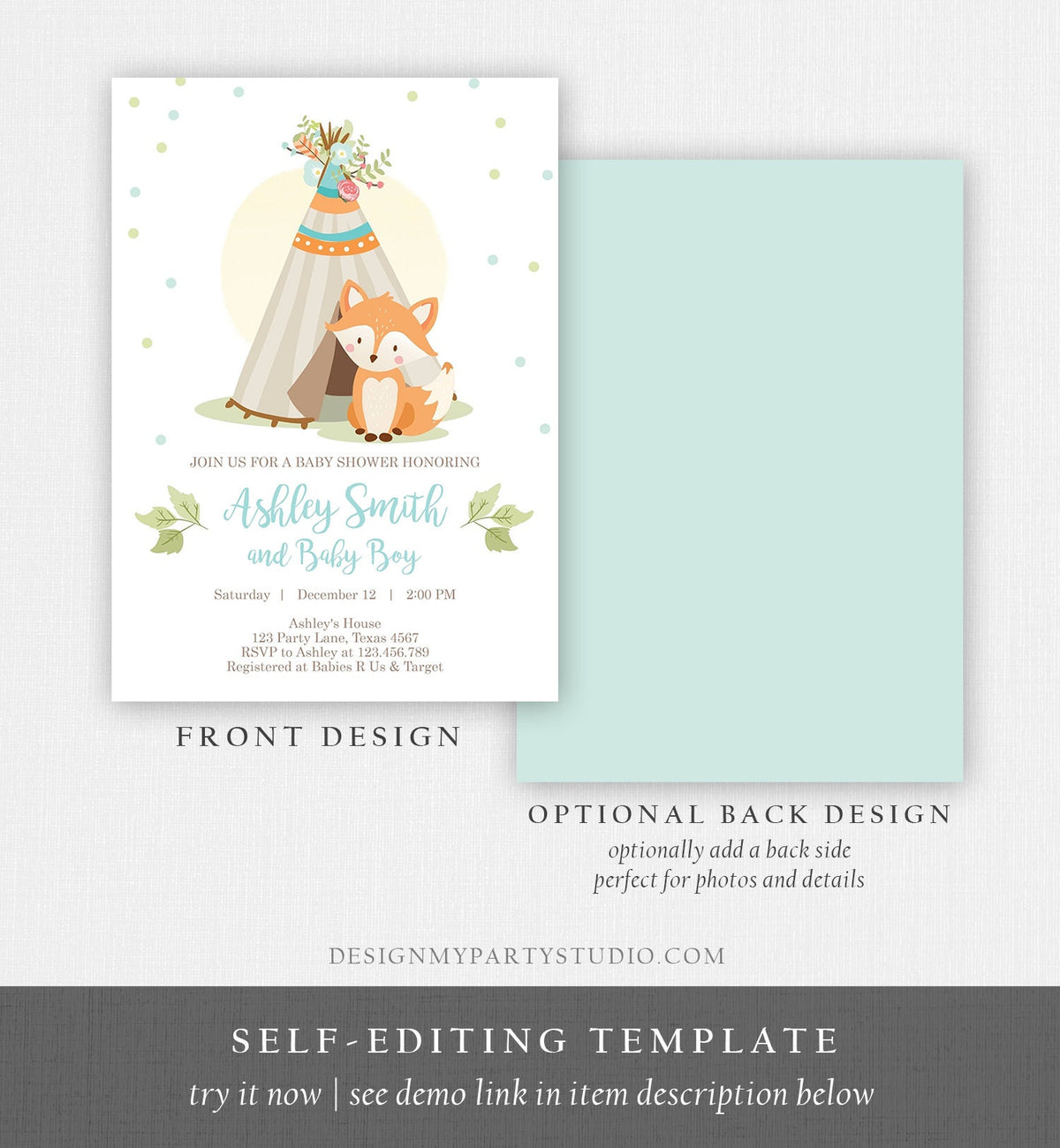 Editable Fox Baby Shower Invitation Woodland Teepee Boho Tribal Boy Baby Shower Blue Simple Download Printable Template Corjl Digital 0052