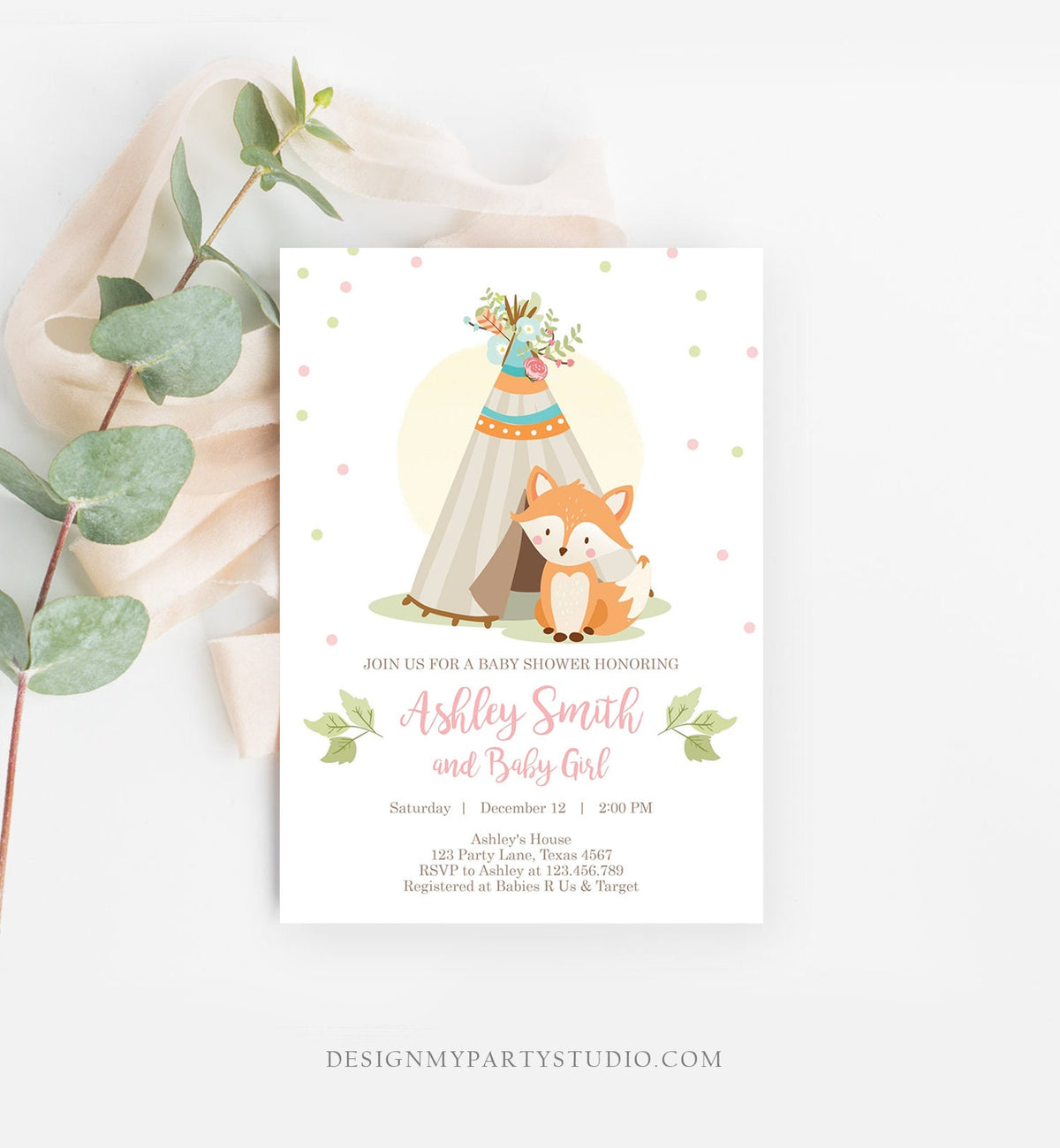Editable Fox Baby Shower Invitation Woodland Teepee Boho Tribal Girl Baby Shower Blush Pink Download Printable Template Corjl Digital 0052