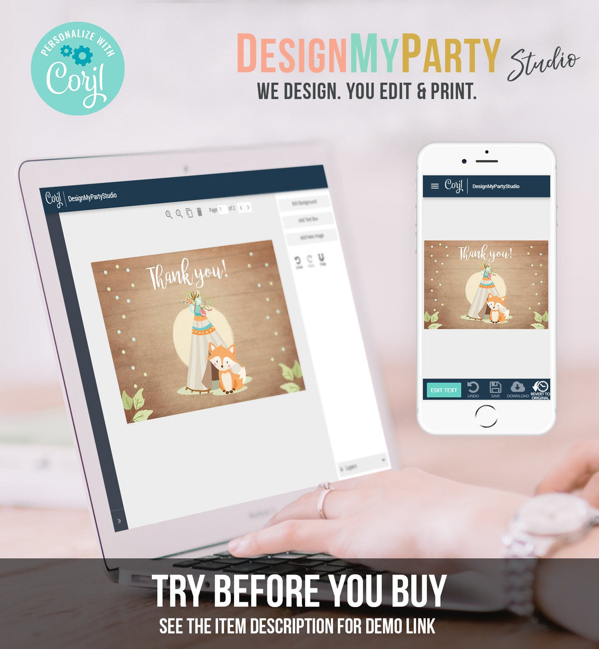 Editable Fox Thank you Card Woodland Thank you Note Fox Baby Shower Forest Birthday Teepee Boy Thank you Card Template Download Corjl 0052