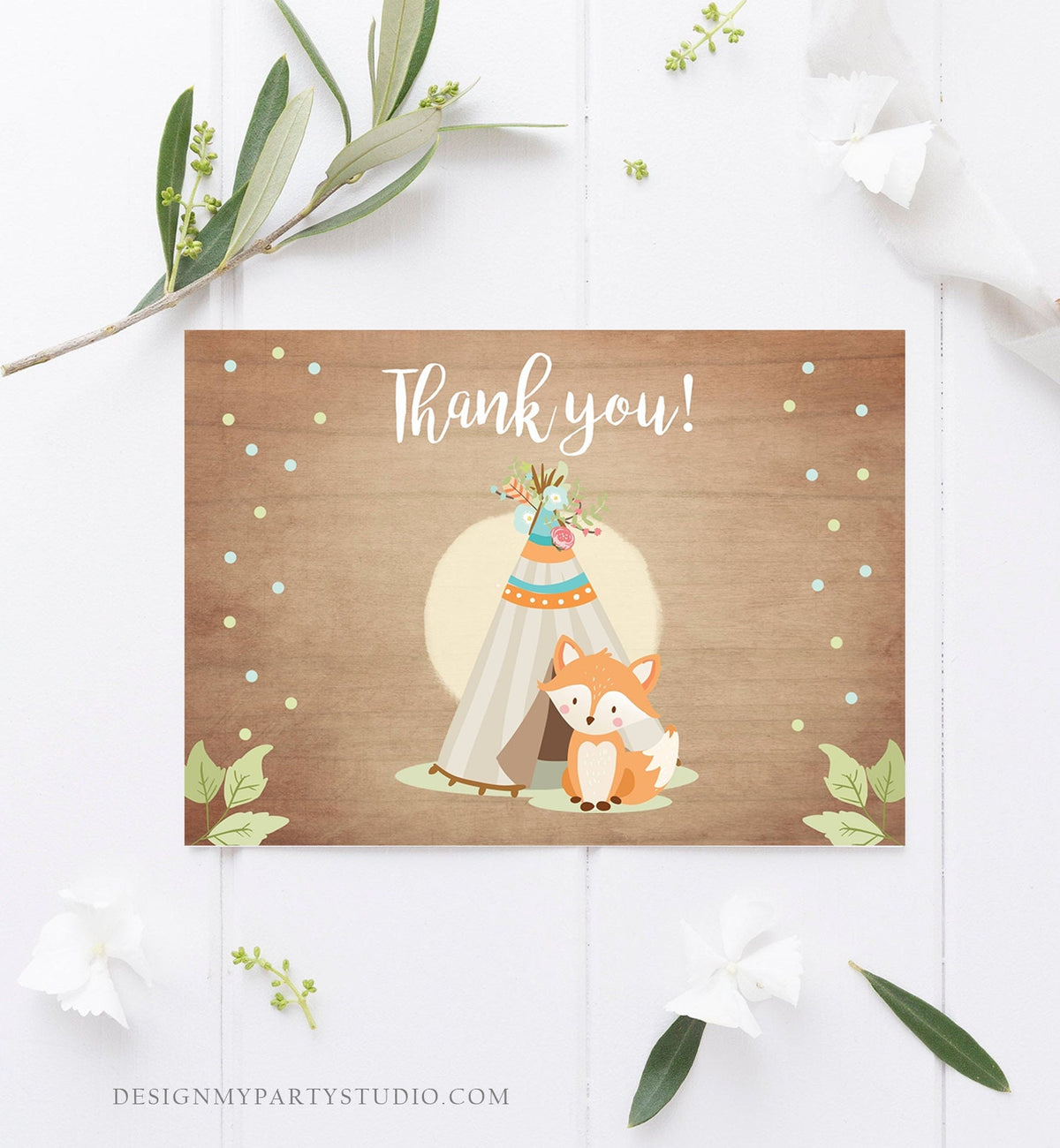 Editable Fox Thank you Card Woodland Thank you Note Fox Baby Shower Forest Birthday Teepee Boy Thank you Card Template Download Corjl 0052