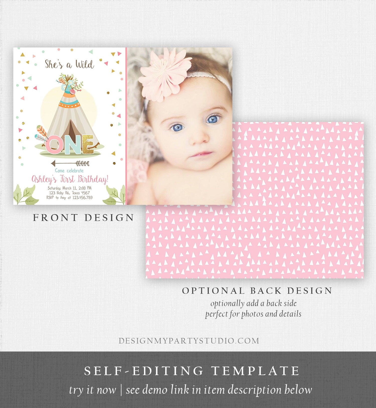 Editable Wild One Birthday Invitation Teepee Boho Tribal First Birthday Girl Pink Gold Teal Digital Download Printable Corjl Template 0092