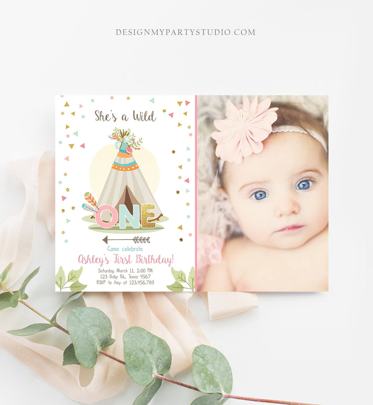 Editable Wild One Birthday Invitation Teepee Boho Tribal First Birthday Girl Pink Gold Teal Digital Download Printable Corjl Template 0092