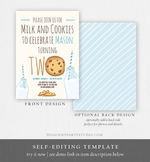 Editable Milk and Cookies Birthday Invitation Milk & Cookies Party Boy 2nd Birthday Blue Two Printable Invitation Template Corjl 0088
