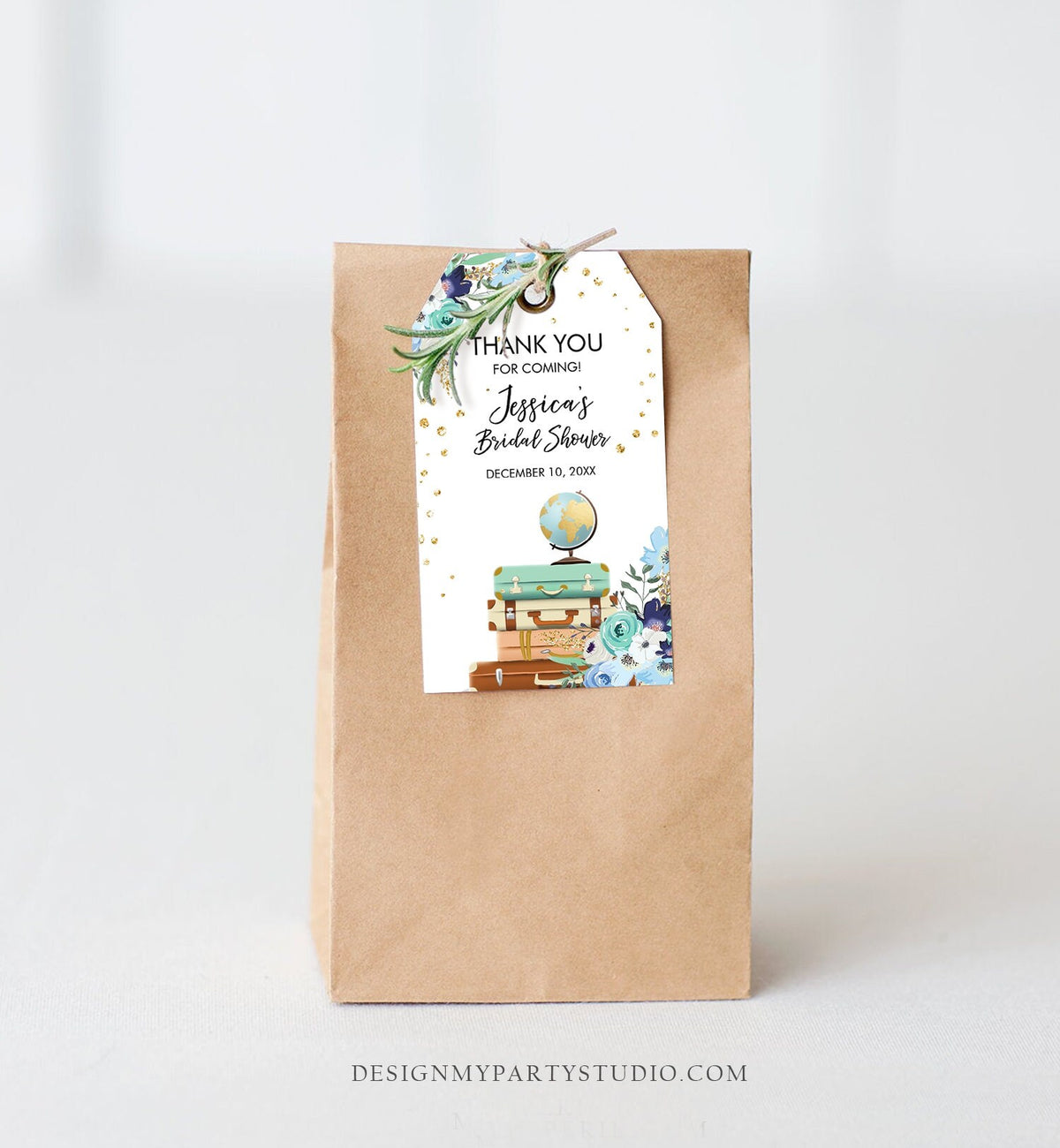 Editable Travel Thank You Favor Tags Blue Floral Suitcases Miss to Mrs Bridal Shower Baby Shower Adventure Corjl Template Printable 0030