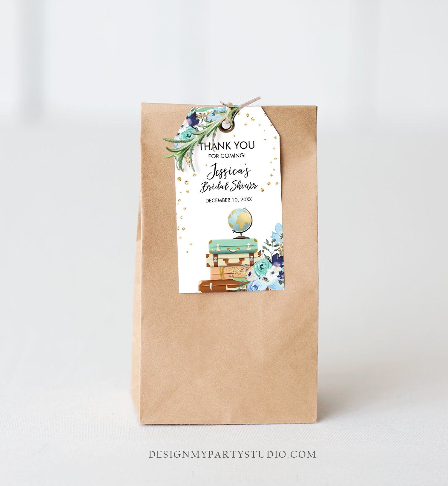 Editable Travel Thank You Favor Tags Blue Floral Suitcases Miss to Mrs Bridal Shower Baby Shower Adventure Corjl Template Printable 0030