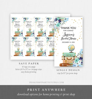 Editable Travel Thank You Favor Tags Blue Floral Suitcases Miss to Mrs Bridal Shower Baby Shower Adventure Corjl Template Printable 0030