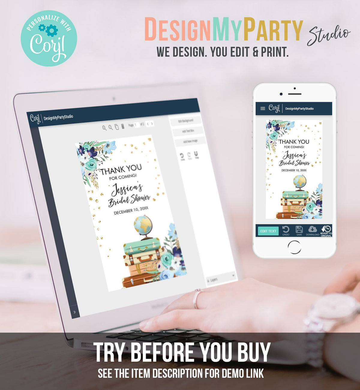 Editable Travel Thank You Favor Tags Blue Floral Suitcases Miss to Mrs Bridal Shower Baby Shower Adventure Corjl Template Printable 0030