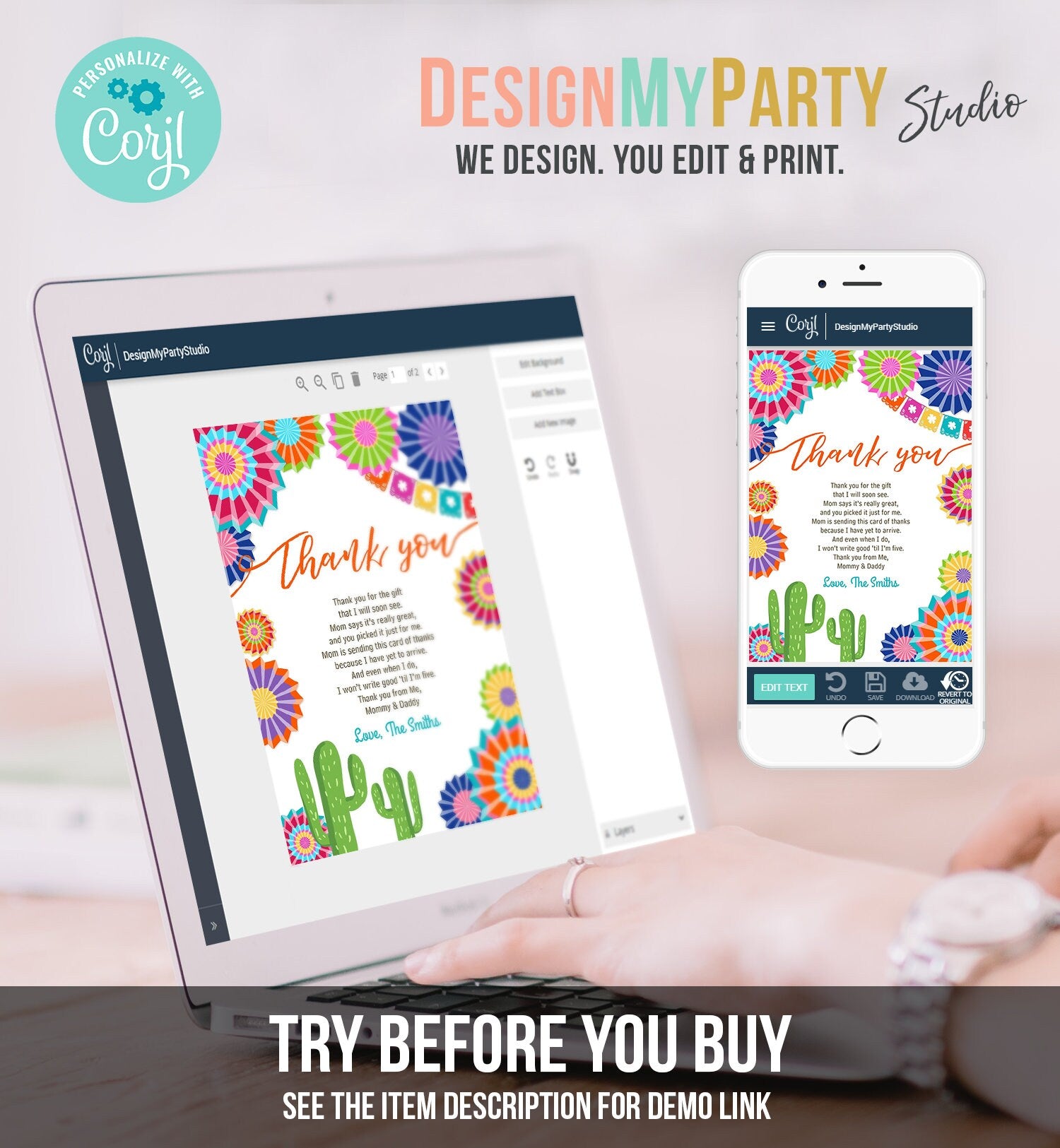 Editable Fiesta Baby Shower Thank You Card Insert Let's Fiesta Mexican Cactus Thank You Note Download Digital Corjl Template Printable 0236