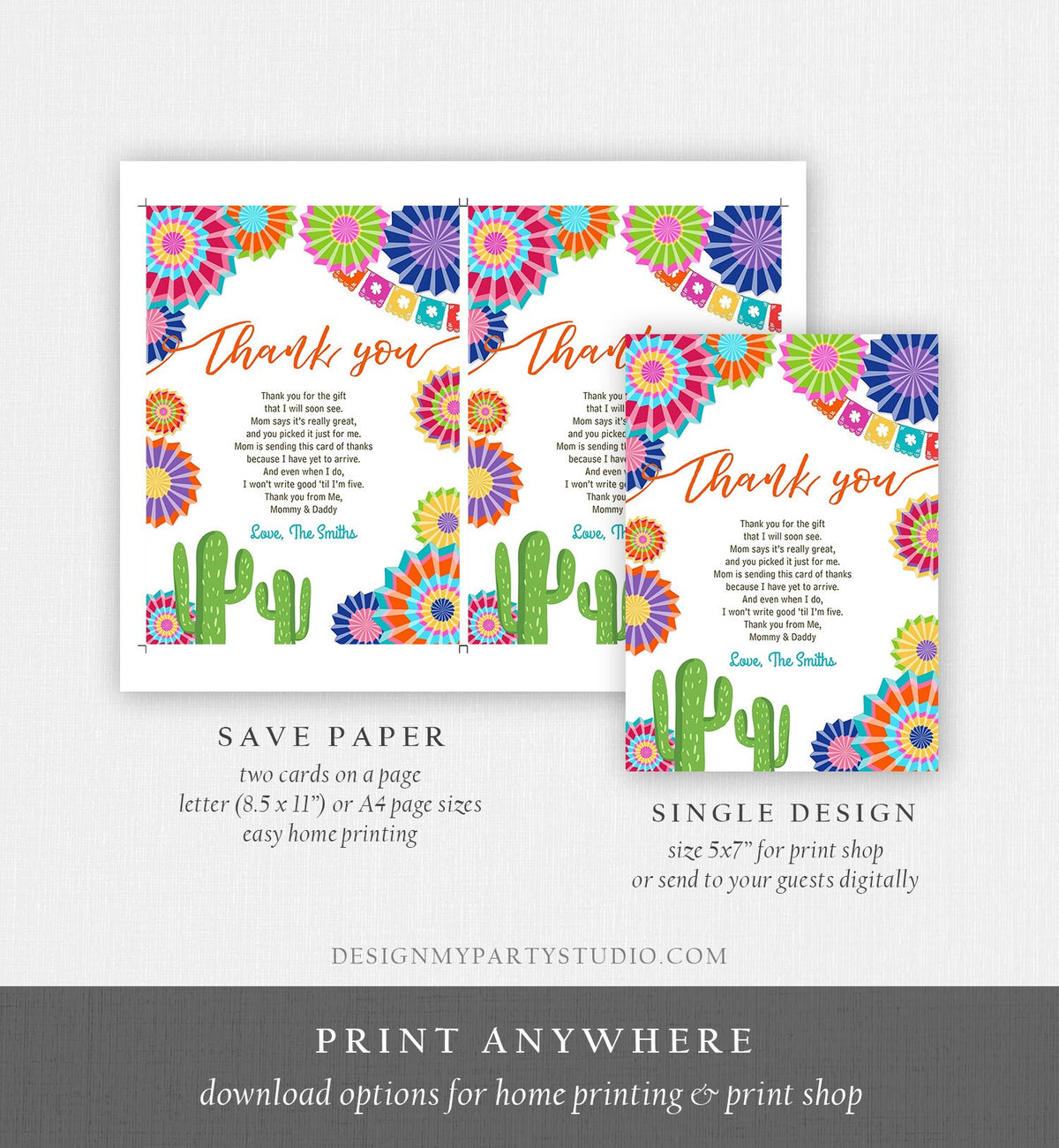 Editable Fiesta Baby Shower Thank You Card Insert Let&#39;s Fiesta Mexican Cactus Thank You Note Download Digital Corjl Template Printable 0236