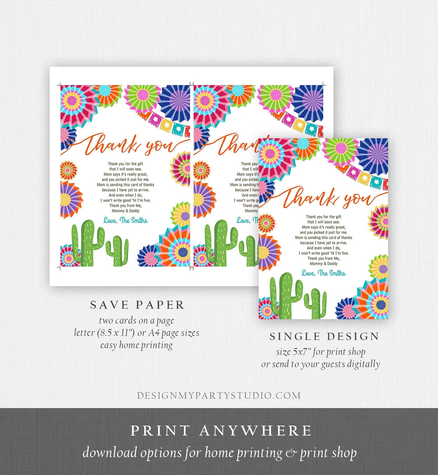 Editable Fiesta Baby Shower Thank You Card Insert Let's Fiesta Mexican Cactus Thank You Note Download Digital Corjl Template Printable 0236