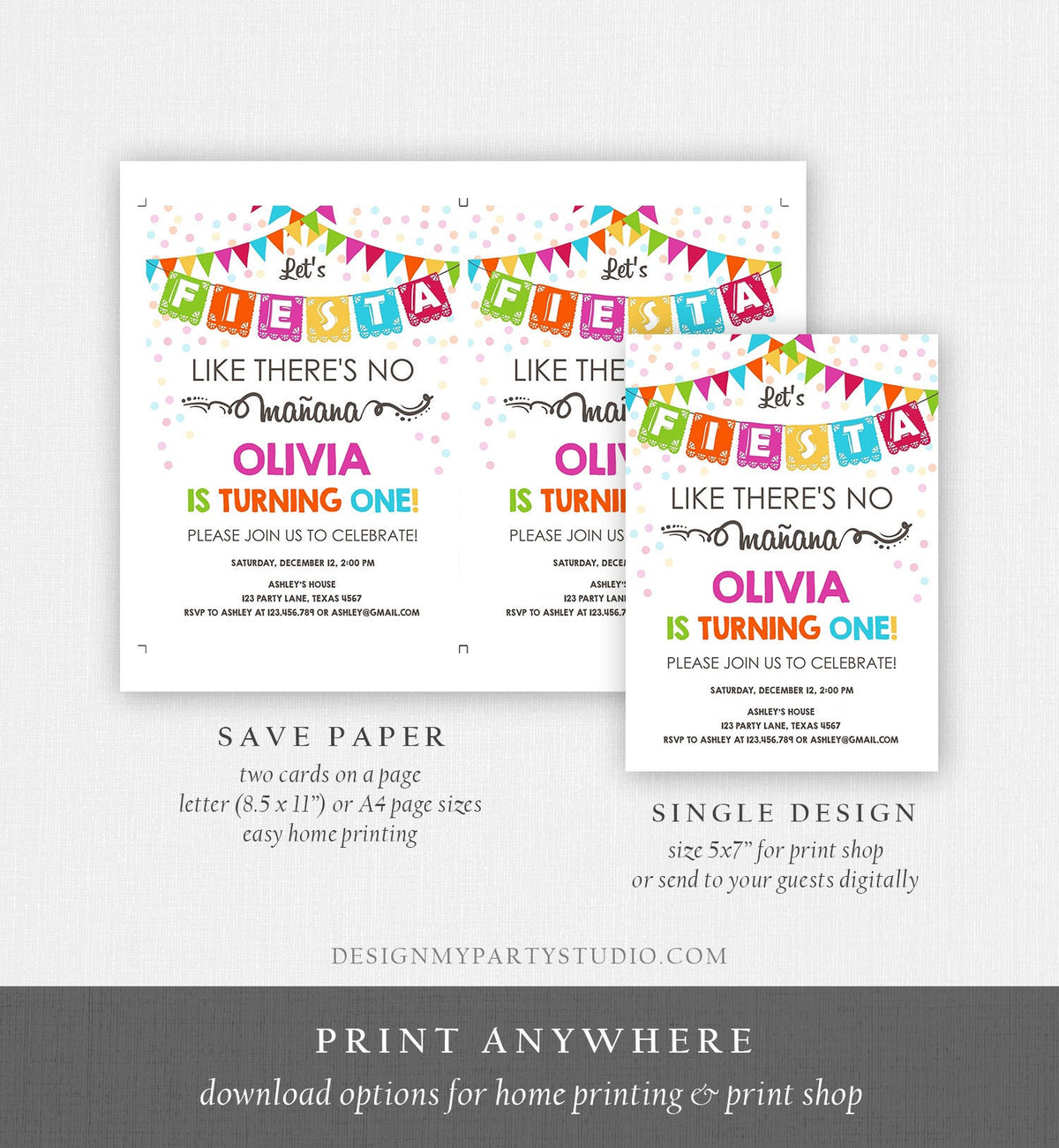 Editable Fiesta Birthday Invitation Let&#39;s Fiesta Like There is no Manana Cactus Mexican No Time to Siesta First Birthday Corjl Template 0045