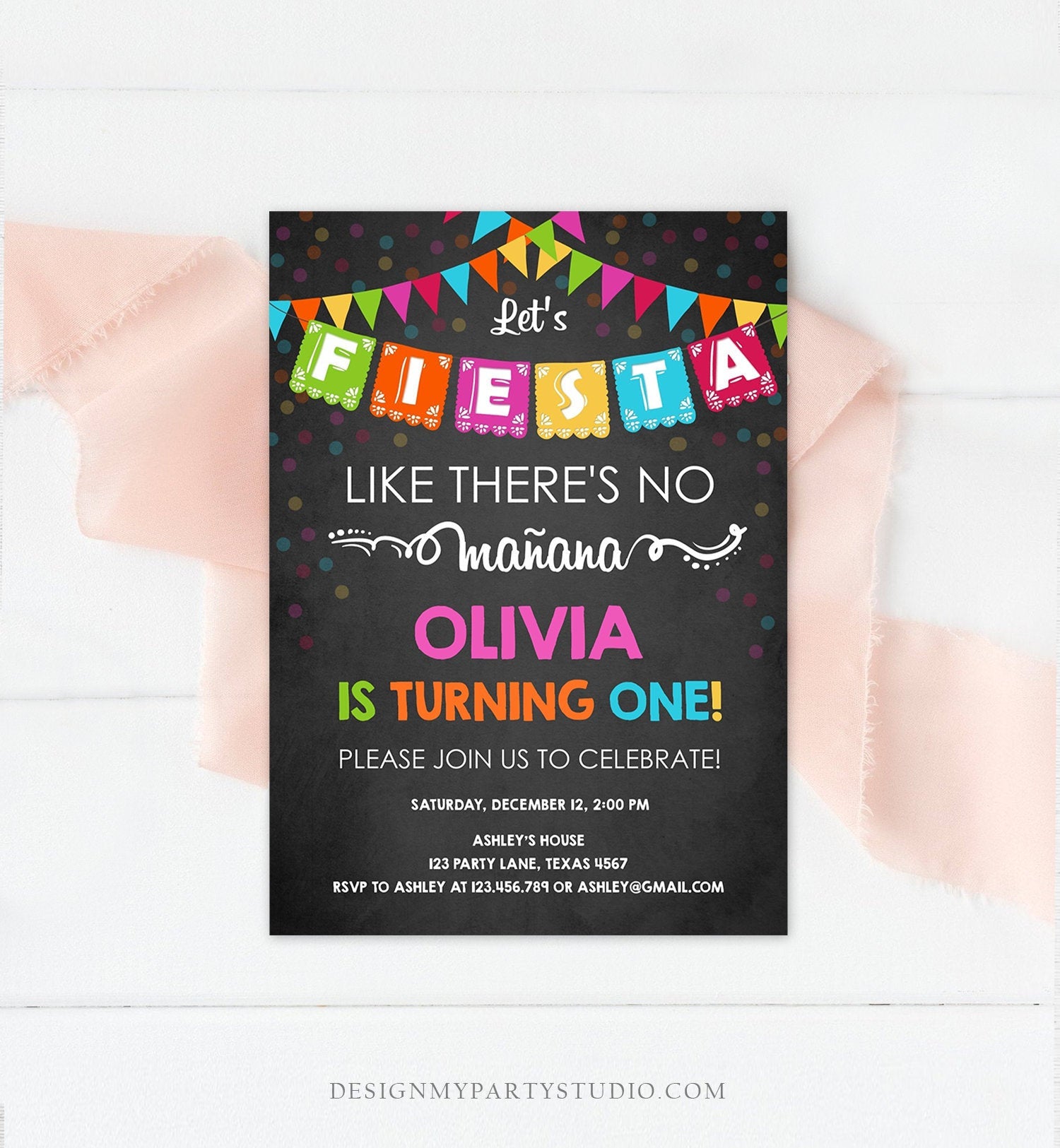 Editable Fiesta Birthday Invitation Let's Fiesta Like There is no Manana Cactus Mexican No Time to Siesta First Birthday Corjl Template 0045