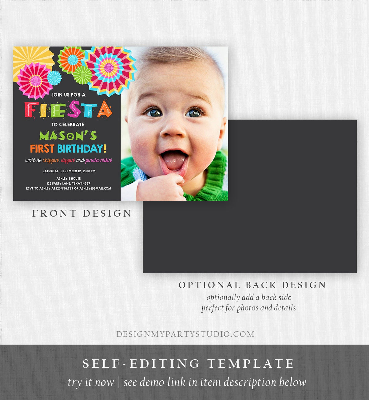 Editable Fiesta Birthday Invitation Let&#39;s Fiesta No Time To Siesta Cactus Mexican Boy First Birthday 1st Printable Corjl Template 0045
