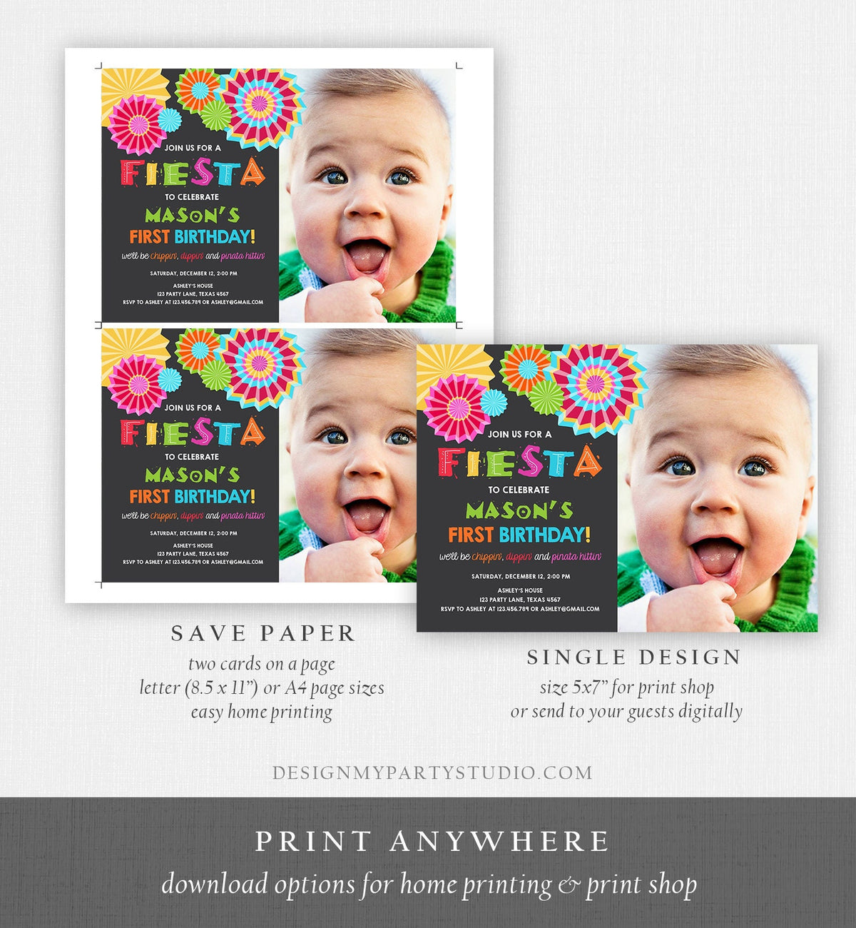 Editable Fiesta Birthday Invitation Let&#39;s Fiesta No Time To Siesta Cactus Mexican Boy First Birthday 1st Printable Corjl Template 0045