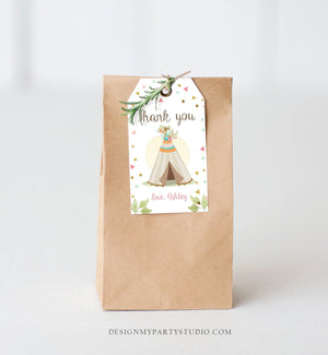 Editable Teepee Favor Tags Wild One Birthday Thank you Tags Wild Three Girl Boho Labels Pink Gold Mint Tribal Template Corjl PRINTABLE 0092