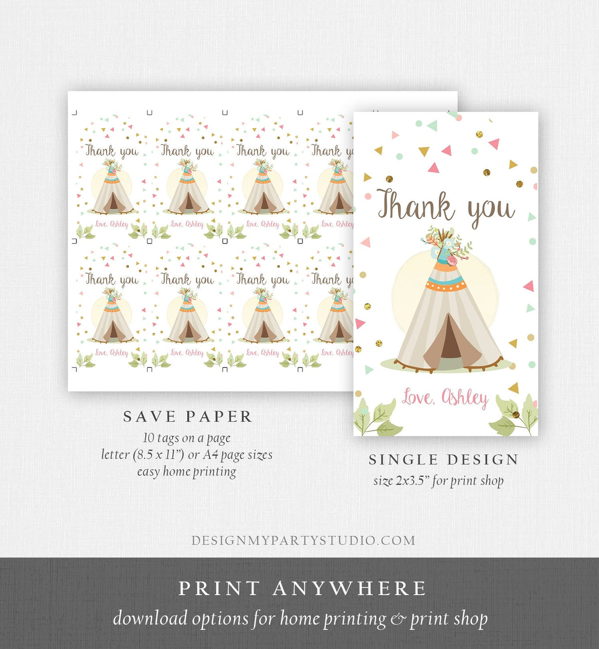 Editable Teepee Favor Tags Wild One Birthday Thank you Tags Wild Three Girl Boho Labels Pink Gold Mint Tribal Template Corjl PRINTABLE 0092