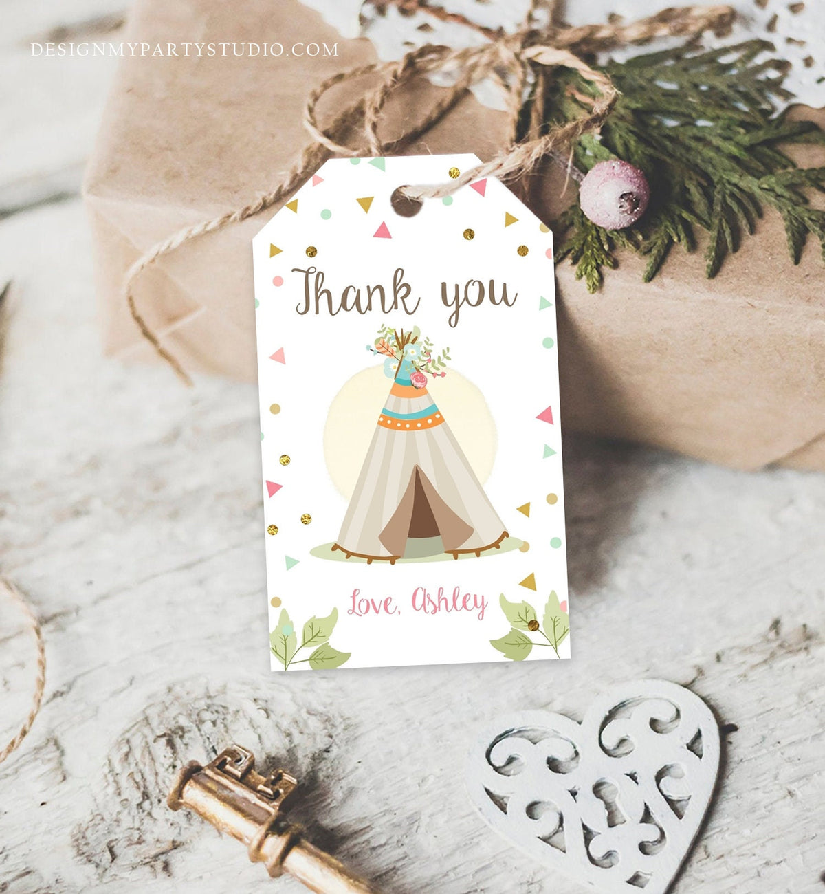 Editable Teepee Favor Tags Wild One Birthday Thank you Tags Wild Three Girl Boho Labels Pink Gold Mint Tribal Template Corjl PRINTABLE 0092