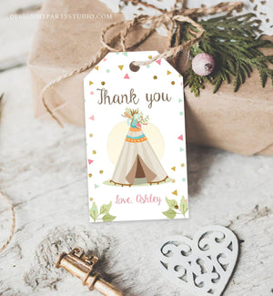 Editable Teepee Favor Tags Wild One Birthday Thank you Tags Wild Three Girl Boho Labels Pink Gold Mint Tribal Template Corjl PRINTABLE 0092