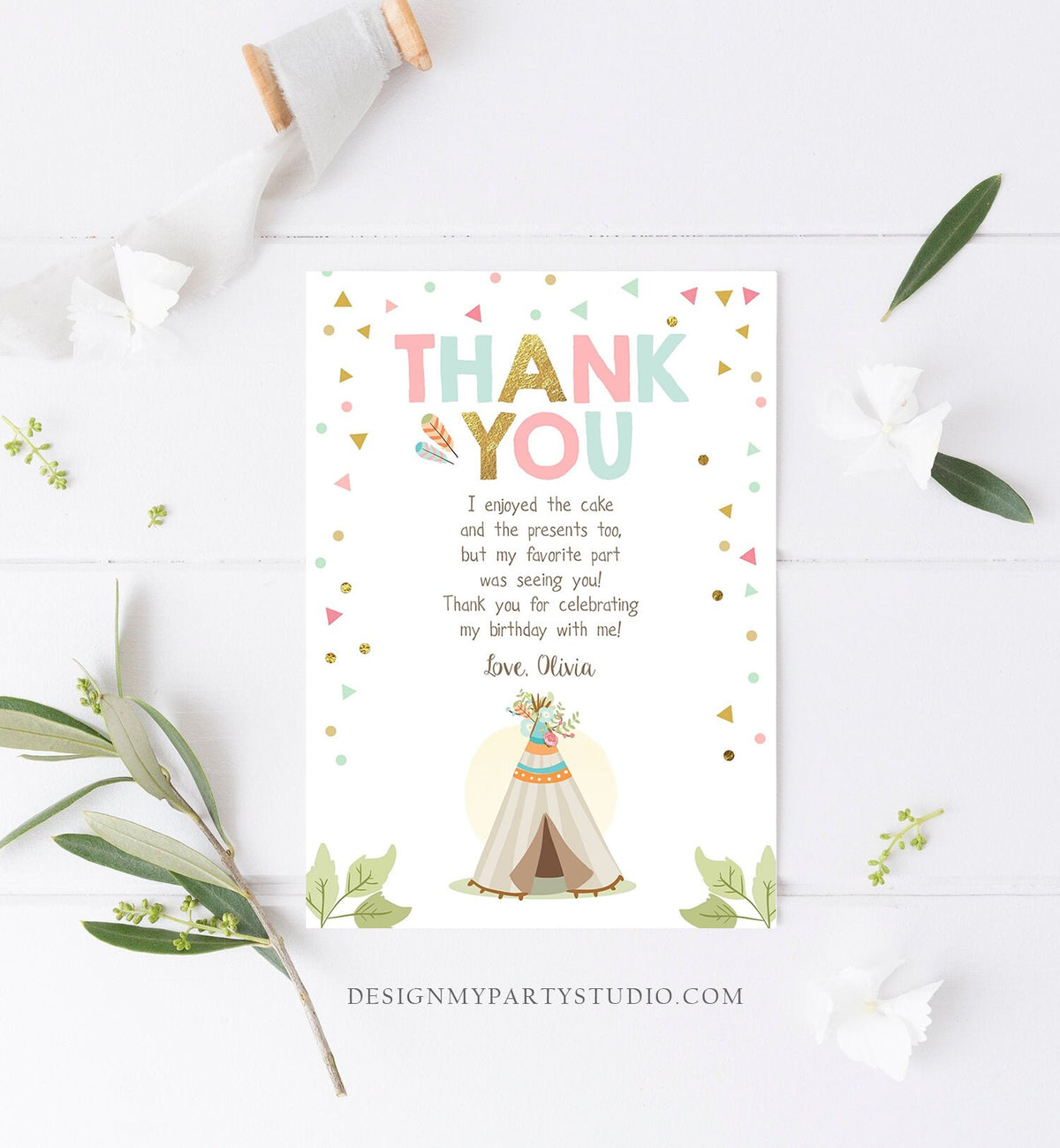 Editable Teepee Thank You Card Wild One Thank you Note Wild Three Birthday Tribal Feathers Pink Gold Girl Printable Template Corjl 0092