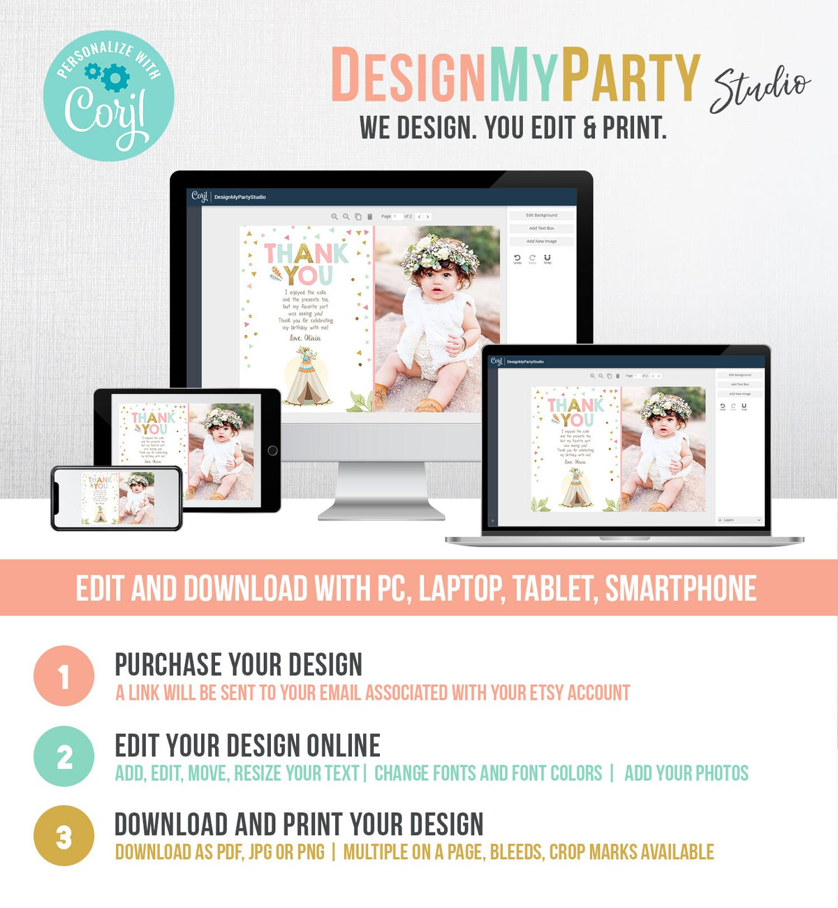 Editable Teepee Thank You Card Wild One Thank you Note Wild Three Birthday Tribal Feathers Pink Gold Girl Printable Template Corjl 0092