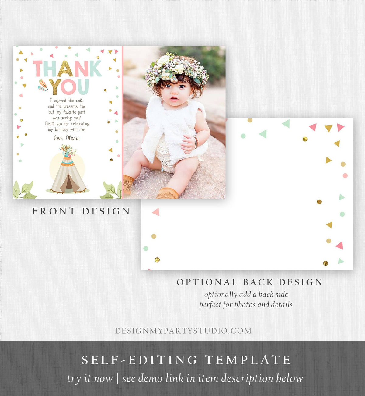 Editable Teepee Thank You Card Wild One Thank you Note Wild Three Birthday Tribal Feathers Pink Gold Girl Printable Template Corjl 0092