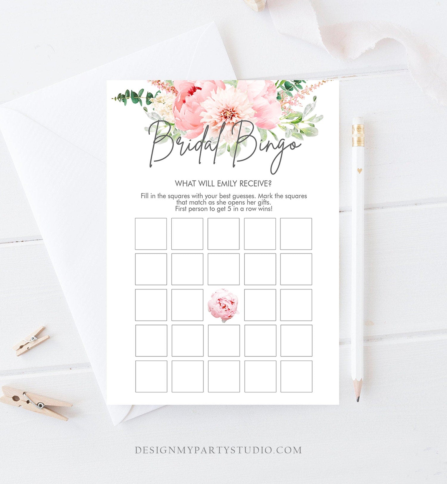 Editable Bridal Bingo Bridal Shower Game Botanical Flowers Floral Game Pink Peony Greenery Digital Download Corjl Template Printable 0167