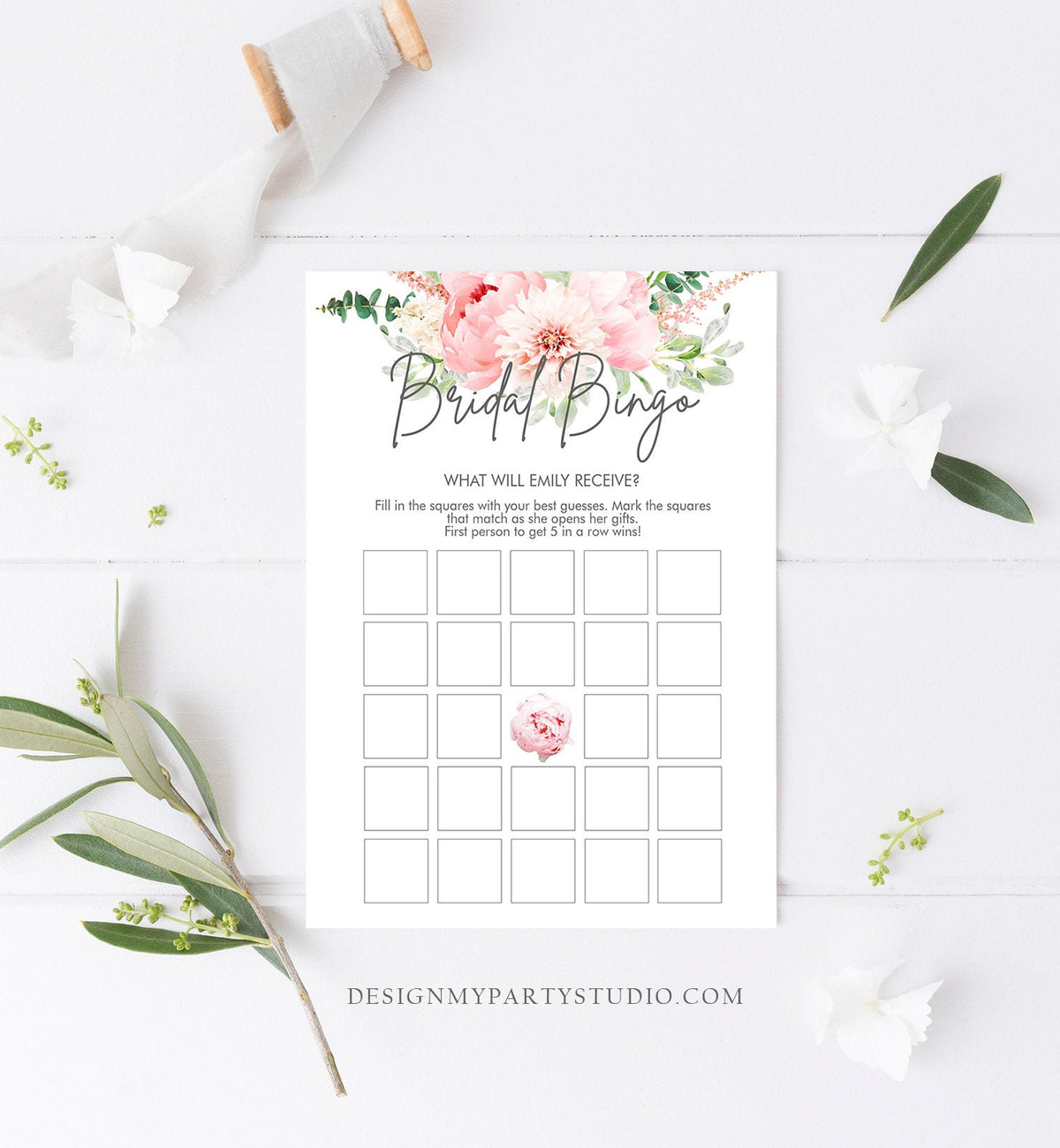 Editable Bridal Bingo Bridal Shower Game Botanical Flowers Floral Game Pink Peony Greenery Digital Download Corjl Template Printable 0167