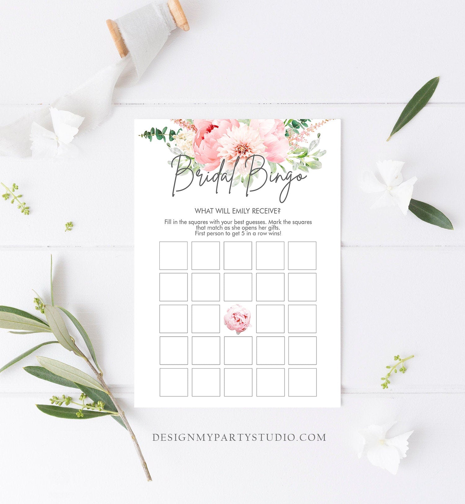 Editable Bridal Bingo Bridal Shower Game Botanical Flowers Floral Game Pink Peony Greenery Digital Download Corjl Template Printable 0167