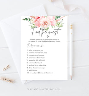 Editable Find The Guest Bridal Shower Game Botanical Flowers Floral Game Pink Peony Greenery Digital Download Corjl Template Printable 0167