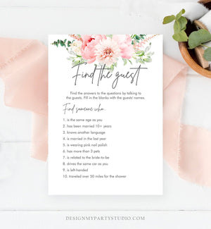 Editable Find The Guest Bridal Shower Game Botanical Flowers Floral Game Pink Peony Greenery Digital Download Corjl Template Printable 0167