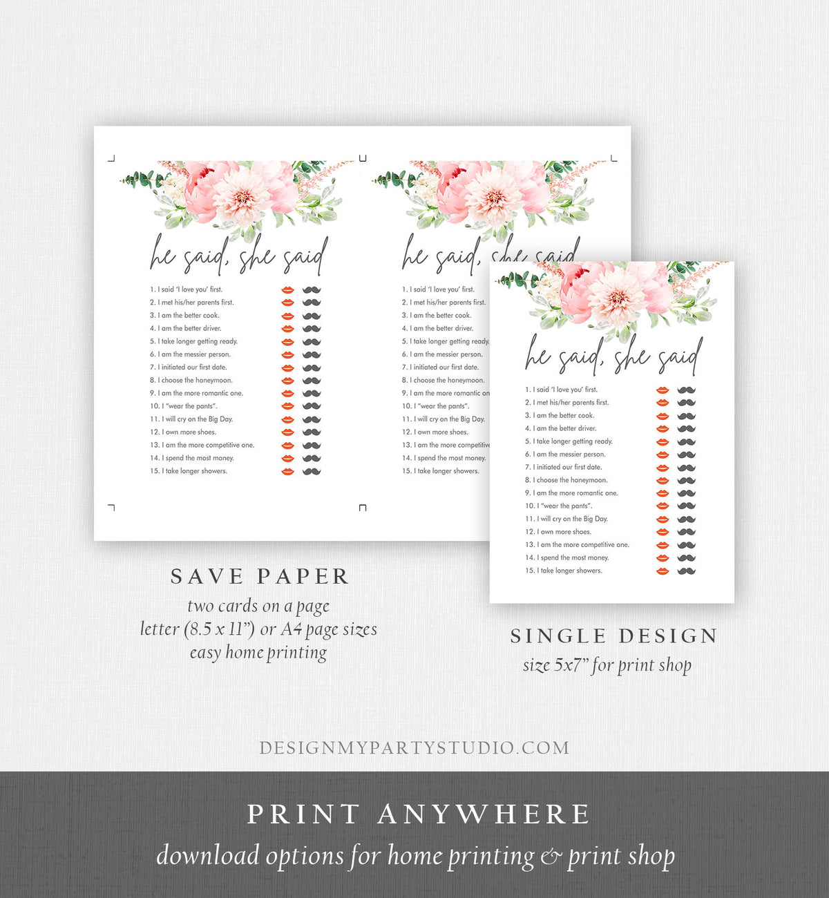 Editable He Said She Said Bridal Shower Game Botanical Flowers Floral Pink Peony Greenery Digital Download Corjl Template Printable 0167