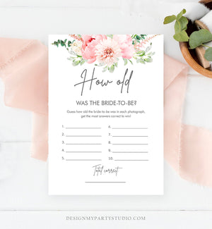 Editable How Old Bridal Shower Game Was The Bride to Be Botanical Flowers Floral Pink Peony Greenery Download Corjl Template Printable 0167