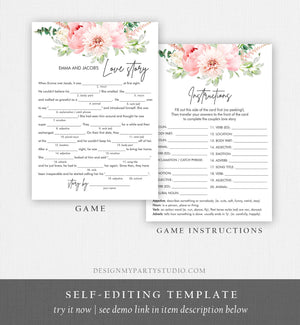 Editable Love Story Bridal Shower Game Mad Libs Botanical Flowers Floral Pink Peony Greenery Digital Download Corjl Template Printable 0167