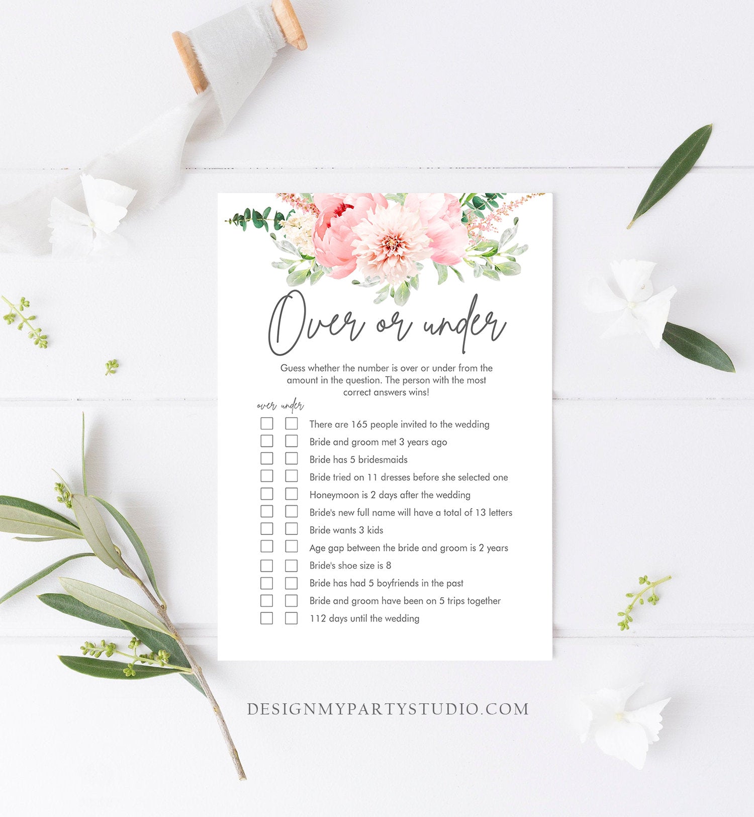 Editable Over or Under Bridal Shower Game Botanical Flowers Floral Game Pink Peony Greenery Digital Download Corjl Template Printable 0167