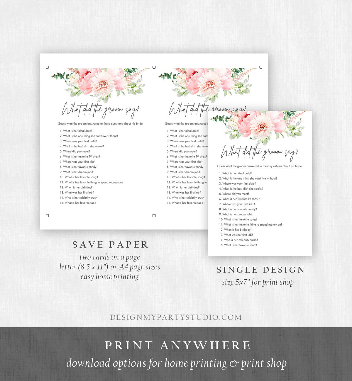 Editable What Did The Groom Say Bridal Shower Game Botanical Flowers Floral Game Pink Peony Greenery What Did He Said Corjl Template 0167