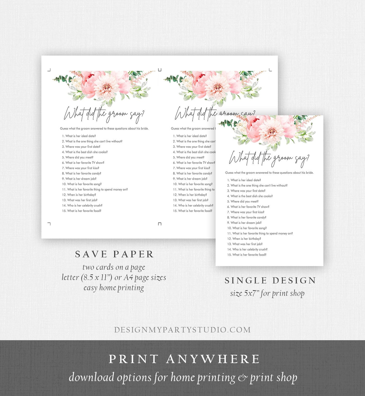 Editable What Did The Groom Say Bridal Shower Game Botanical Flowers Floral Game Pink Peony Greenery What Did He Said Corjl Template 0167