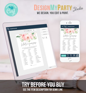 Editable What's in Your Purse Bridal Shower Game Botanical Flowers Floral Pink Peony Greenery Whats Download Corjl Template Printable 0167