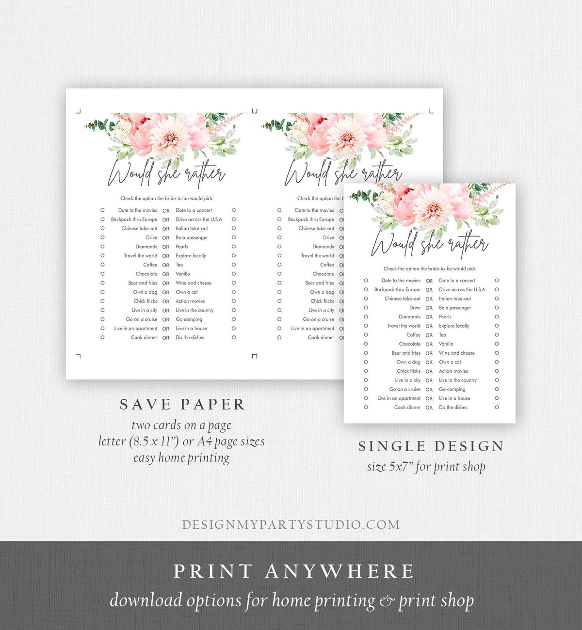 Editable Would She Rather Bridal Shower Game Botanical Flowers Floral Pink Peony Greenery Digital Download Corjl Template Printable 0167