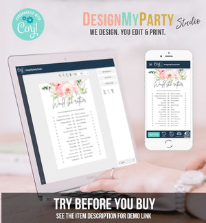 Editable Would She Rather Bridal Shower Game Botanical Flowers Floral Pink Peony Greenery Digital Download Corjl Template Printable 0167