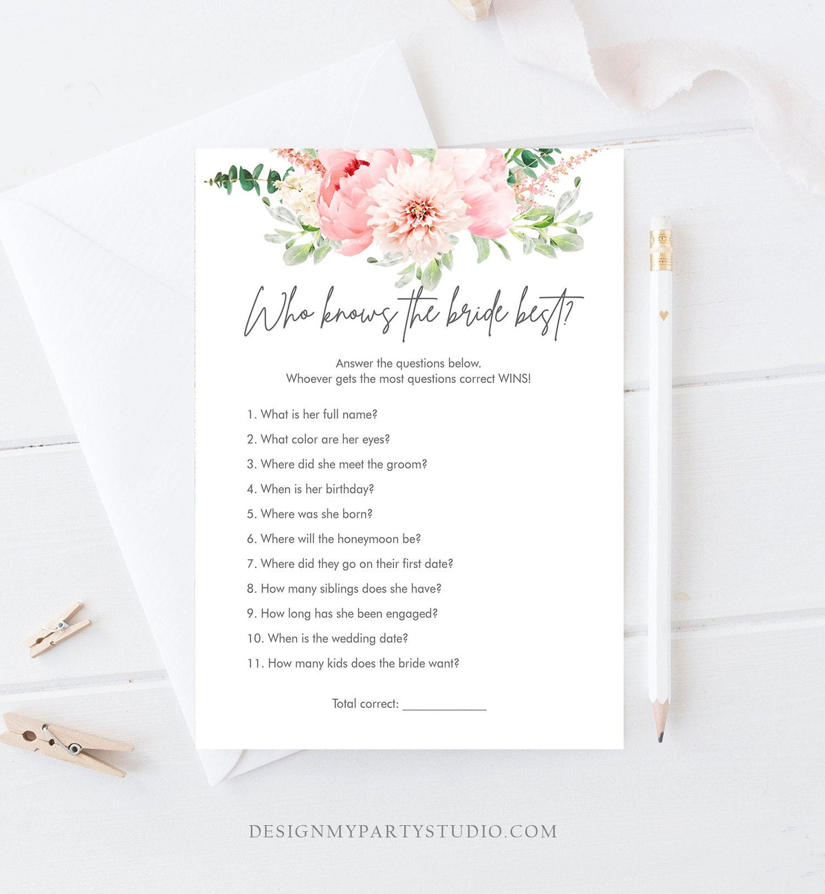 Editable Botanical Bridal Shower Game Bundle Set Flowers Floral Game Pink Peony Greenery Digital Download Corjl Template Printable 0167