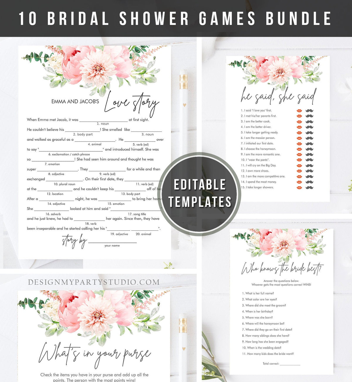 Editable Botanical Bridal Shower Game Bundle Set Flowers Floral Game Pink Peony Greenery Digital Download Corjl Template Printable 0167