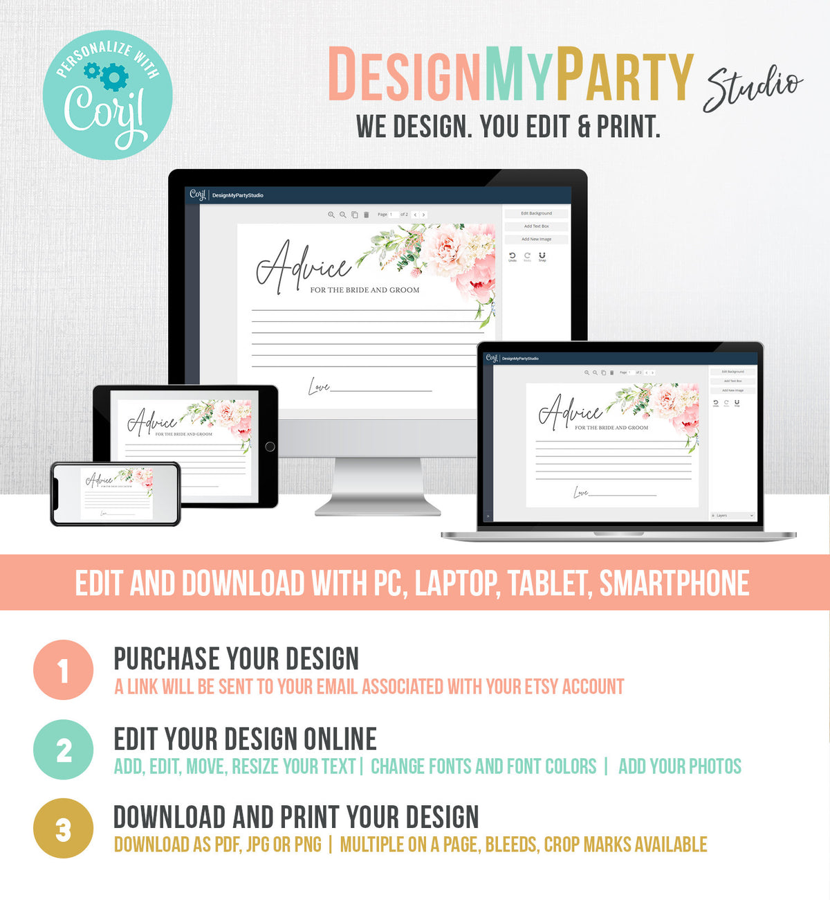 Editable Advice for the Bride-to-Be Card Bridal Shower Words of Wisdom Advice for Bride Game Botanical Flowers Pink Corjl Template 0044