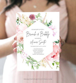 Editable Brunch and Bubbly Bridal Shower Invitation Botanical Flowers Floral Greenery Wedding Pastel Pink Peony Corjl Template 0167