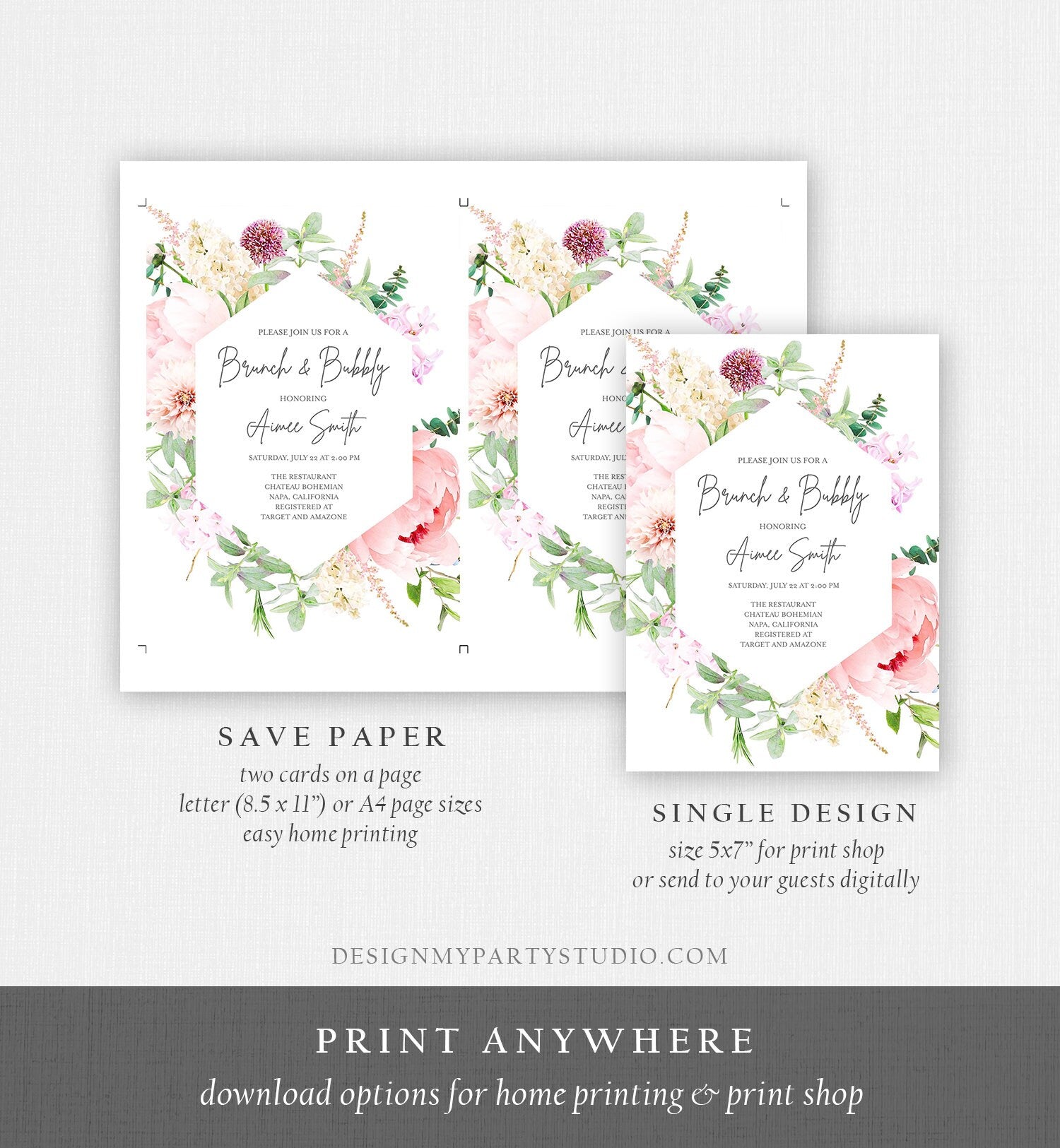 Editable Brunch and Bubbly Bridal Shower Invitation Botanical Flowers Floral Greenery Wedding Pastel Pink Peony Corjl Template 0167