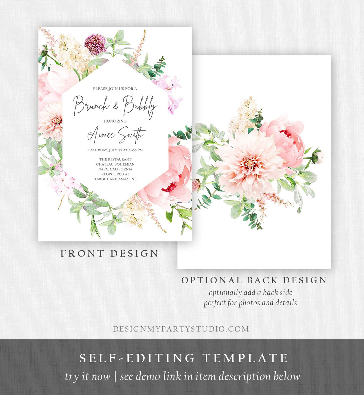 Editable Brunch and Bubbly Bridal Shower Invitation Botanical Flowers Floral Greenery Wedding Pastel Pink Peony Corjl Template 0167