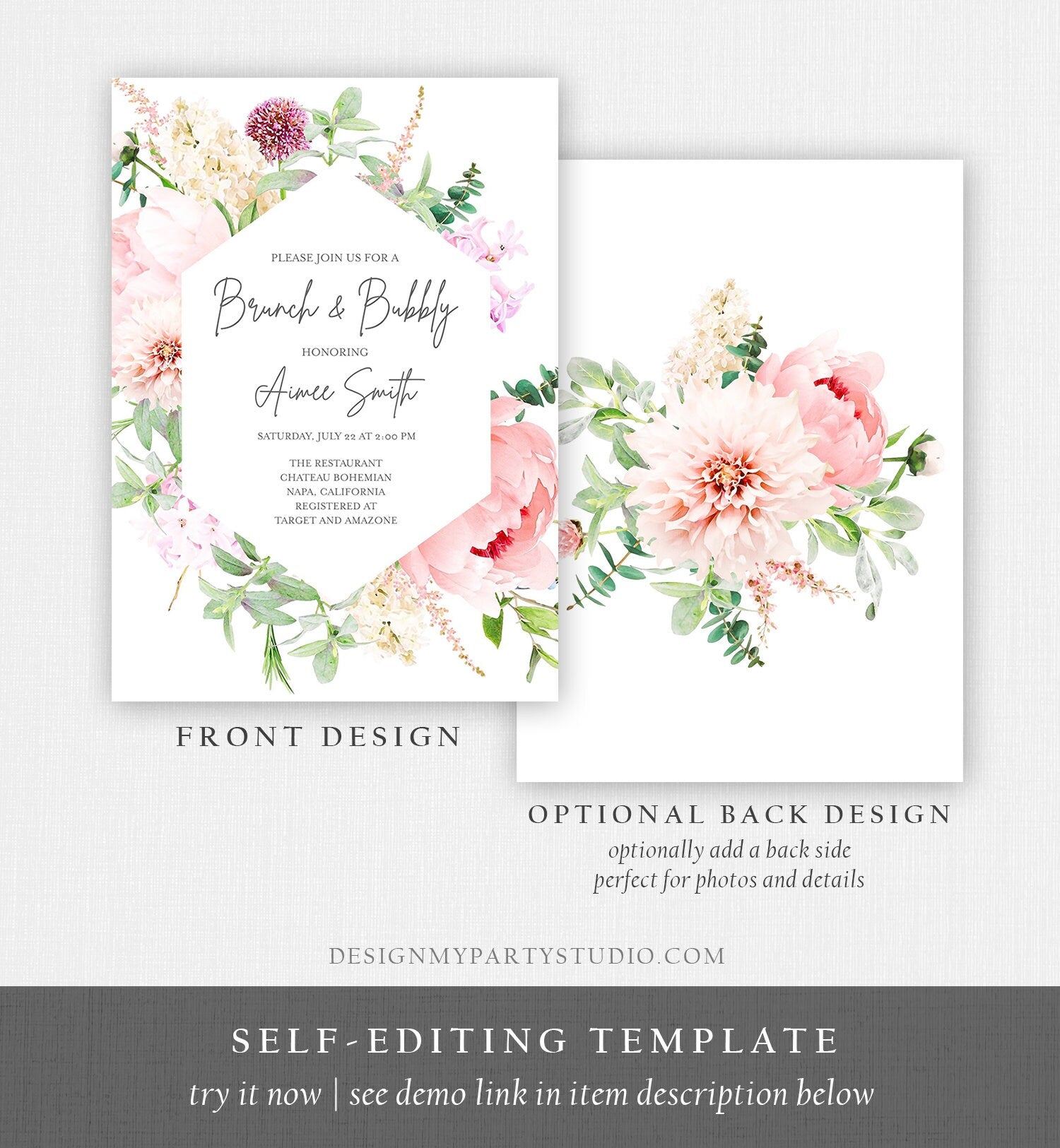 Editable Brunch and Bubbly Bridal Shower Invitation Botanical Flowers Floral Greenery Wedding Pastel Pink Peony Corjl Template 0167